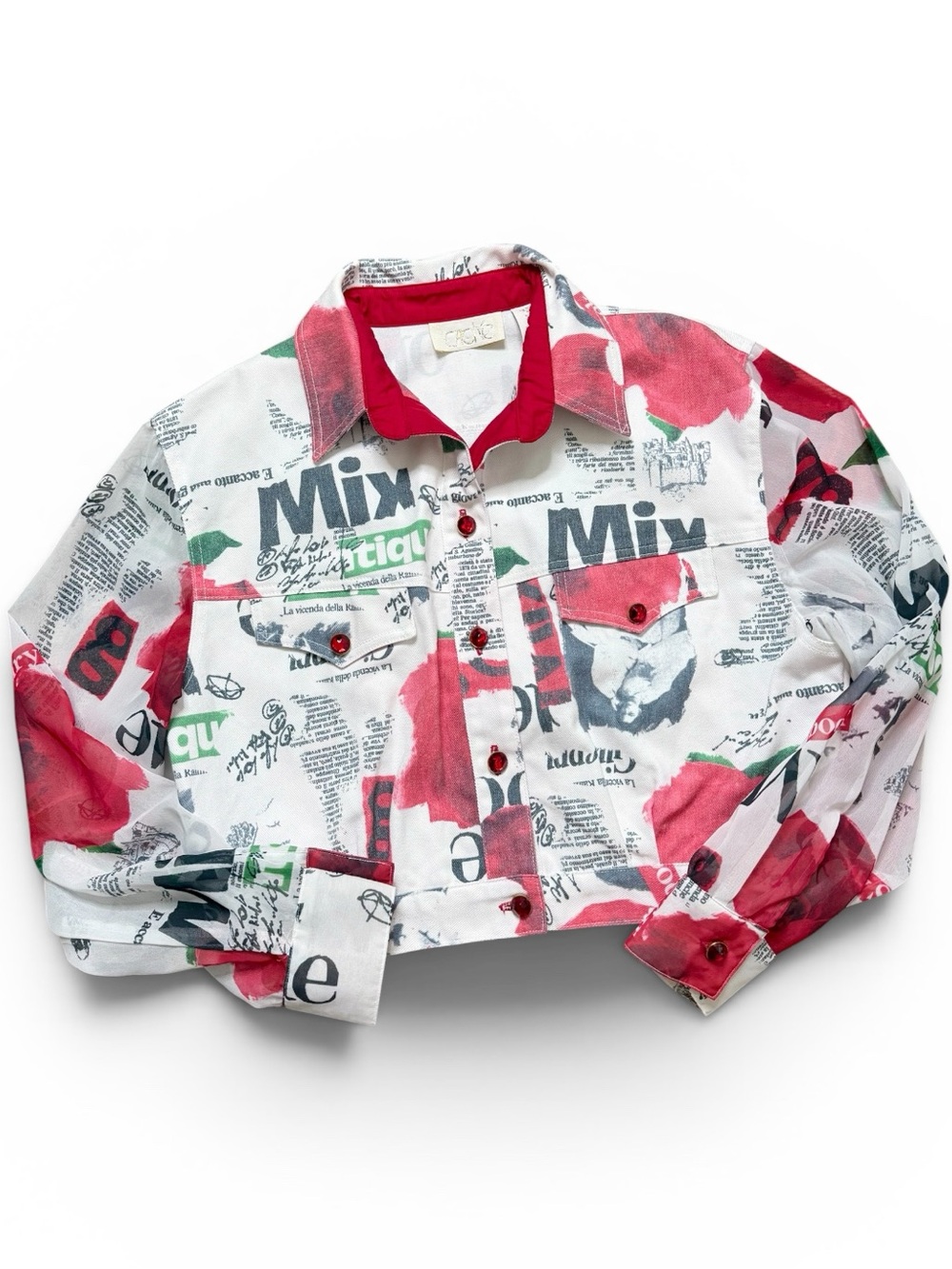 90’s Vintage Cache Jacket Coat Shacket Denim Rose Newspaper Print M Medium